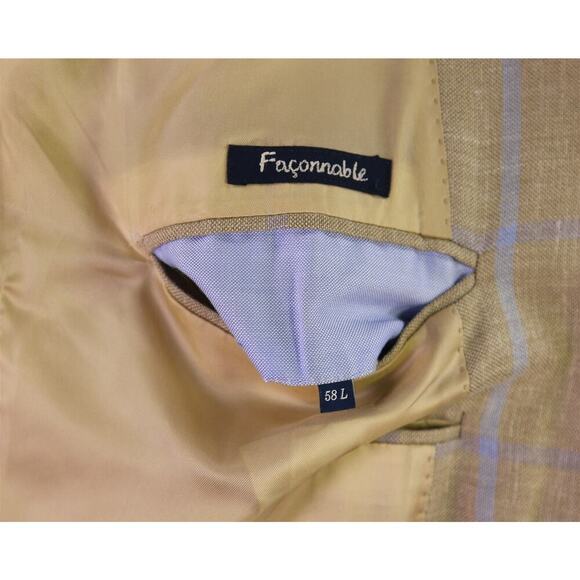 Faconnable by R. Caruso Lt Brown w/ Sky Blue Windowpane Wool-Silk Sportcoat 48L - Picture 9 of 12